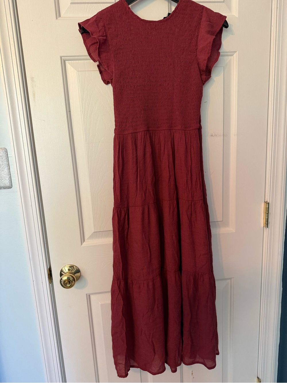Blu Pepper Burgundy Tiered Maxi Dress with Ruffle Sleeves